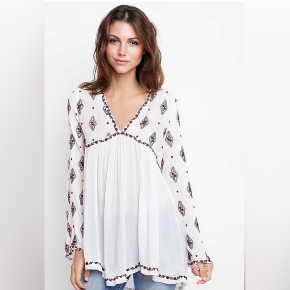 Free People Diamond Embroidered Tunic Dress Oversized Bell Sleeves Size M